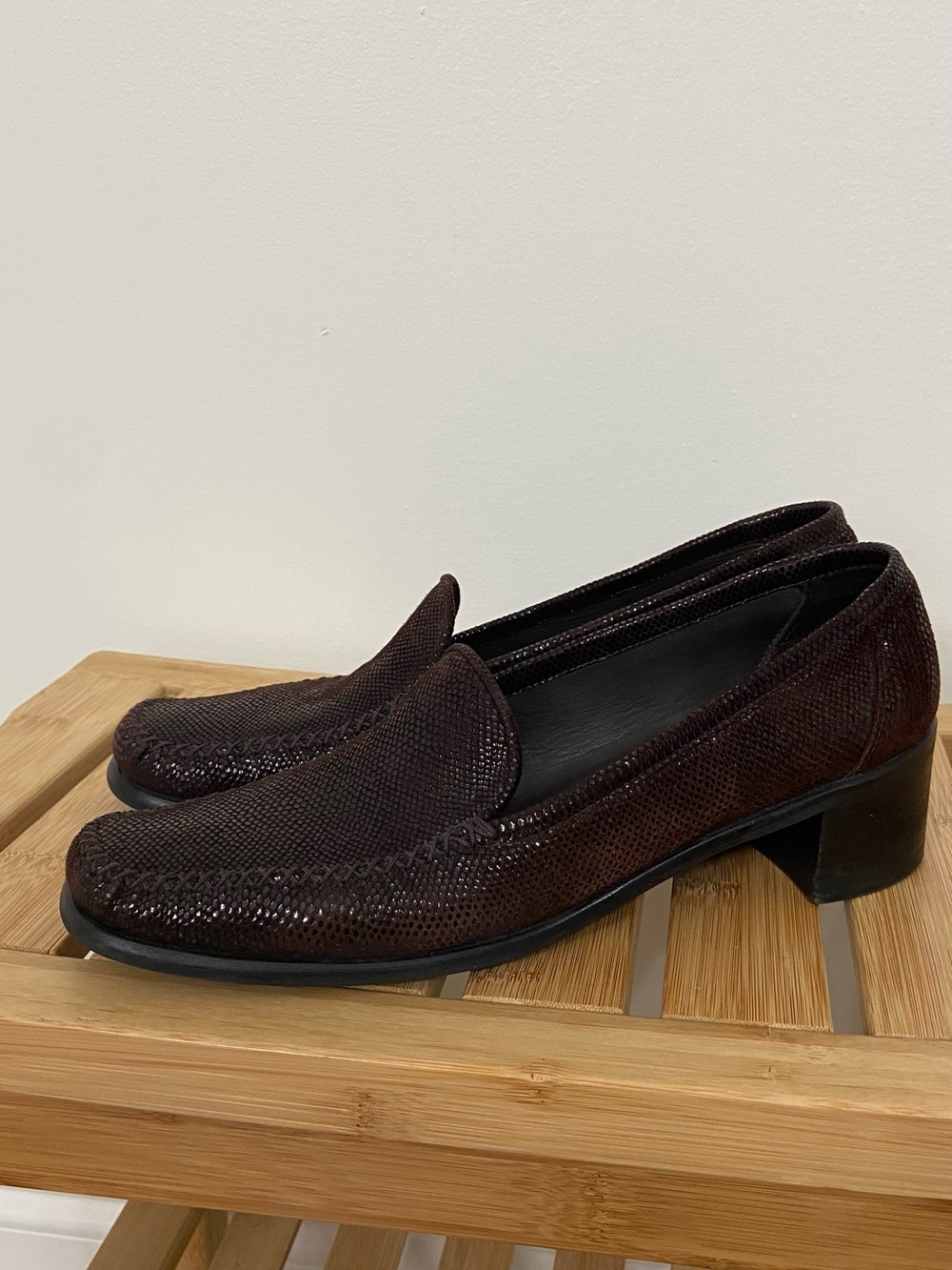 Stuart Weitzman Vintage Dark Brown Metallic Textured Leather Loafers